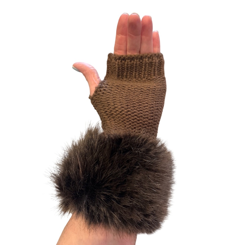 Glove Faux Fur Fingerless Gloves Knit Brown Faux Fur Trim Cozy Winter Women NWOT - Picture 2 of 6